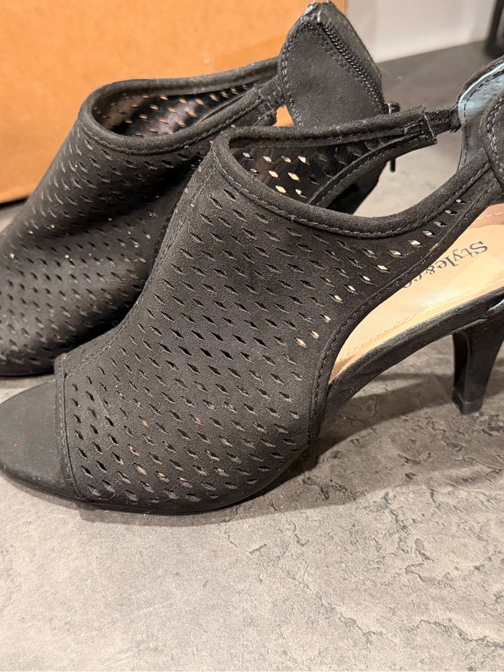 Style & Co. Black Perforated Peep-Toe Slingback Heels